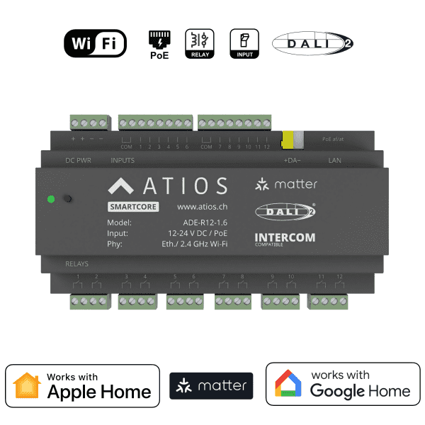 Bộ điều khiển trung tâm Matter, DALI 2.0 và 12 đầu vào/ra Atios Smartcore - ADE-R12-1.6